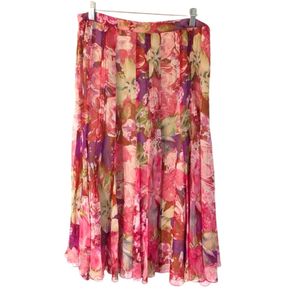 JNY Women's Silk Chiffon Midi Skirt Pleated Pink Floral Size 10